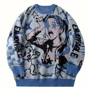 Manfinity Cat Graphic Cardigan Blue White Meow Checkered Knit Sweater Small